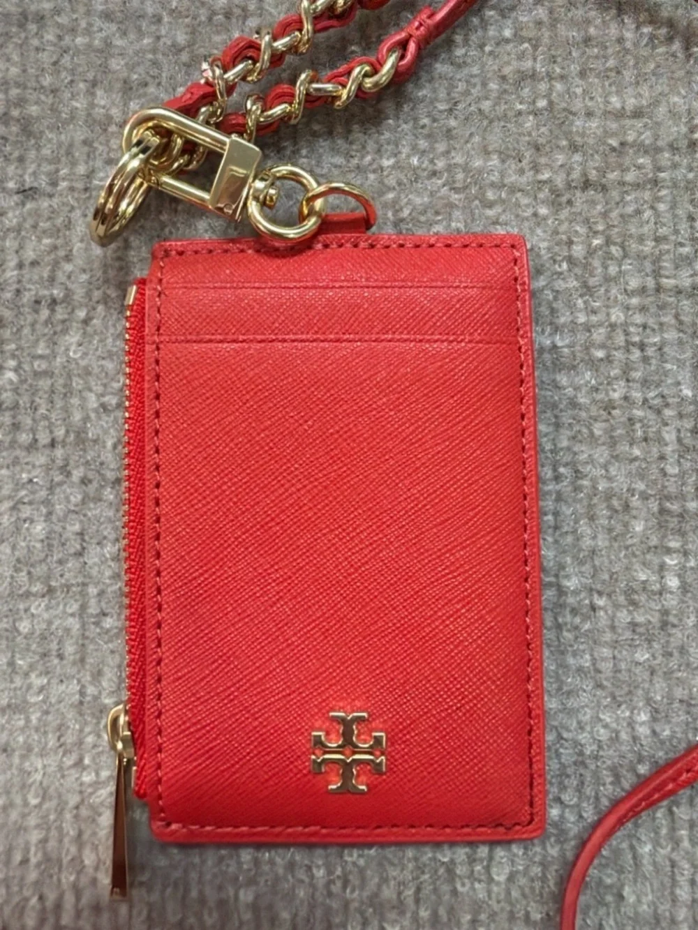 Tory Burch Red Saffiano Leather Card Holder Lanyard Wallet Gold Chain